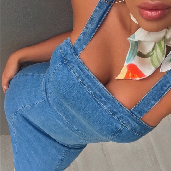 Mid Blue Stretch Denim Bodycon Midi Dress - Picture 3 of 8